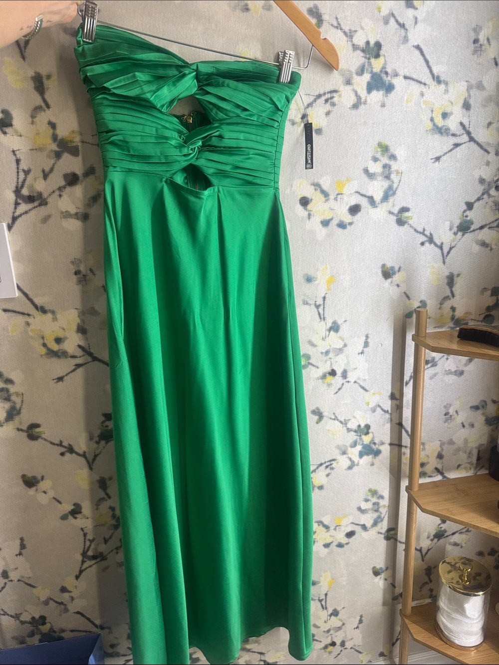 Strapless Green Twist-Front Maxi Dress